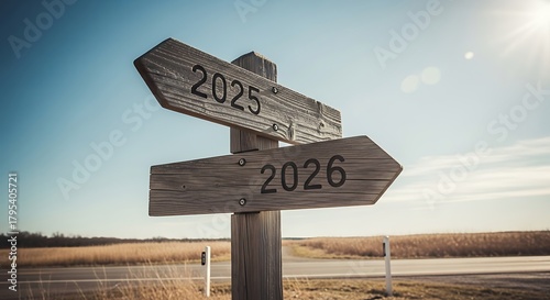 Future Crossroads: Wooden Signpost with 2025 and 2026 Arrows, Symbolizing New Year Choices and Strategic Planning on a Sunny Horizon