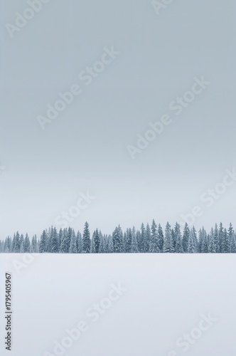 Minimalist Winter Forest Landscape with Snow-Covered Evergreen Trees Under Soft Gray Sky – Serene Nordic Nature Background