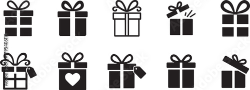   Bold gift box icon set in clean vector silhouette style, perfect for celebrations, holidays, and packaging themes.