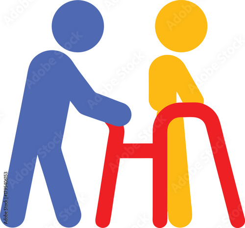 Illustration of caregiver assisting patient with walker depicting elderly care and support