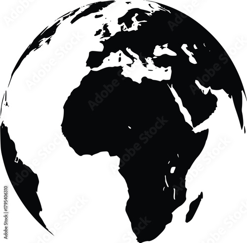 Black and White Vector Icon of Earth Highlighting Africa, Europe, Asia, and South America
