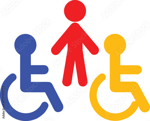 Accessibility inclusion and diversity with standing figure and wheelchair users in different colors symbolizing togetherness