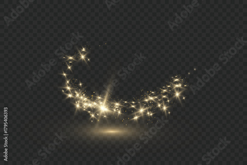 Golden curved light trails with orange glow effect on transparent background. Vector for dynamic graphics, digital overlays, holiday designs or dynamic glowing backgrounds.