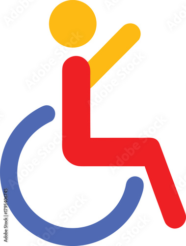 Handicap accessibility icon design showing person in wheelchair raising their arm in joyful gesture
