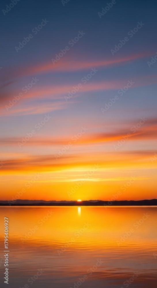 Fototapeta premium Stunning evening sunset over a quiet landscape. The horizon glows as the sky shifts from gold to deep twilight, showing nature's perfect peace, celestial, majestic, nature