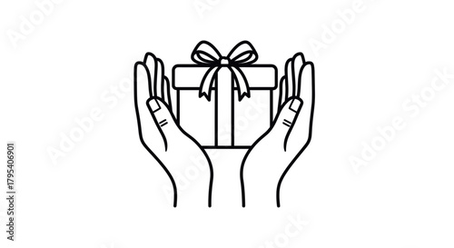 Hands holding a gift box symbolizing Christmas presents, holiday giving, charity, and festive surprises. Black outline vector icon, isolated on a transparent background