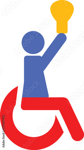 Vector illustration of an individual in a wheelchair raising a lightbulb high up symbolizing inspiration