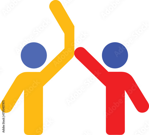 Two stylized figures with arms raised in a high five of collaboration teamwork and success