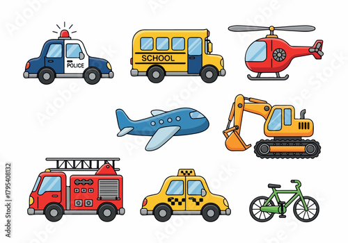 Various vehicles including bus, fire truck, excavator, and bicycle, suitable for posters, toys, books, and educational content