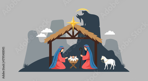 Nativity Scene Illustration with Mary Joseph Baby Jesus and Stable.
