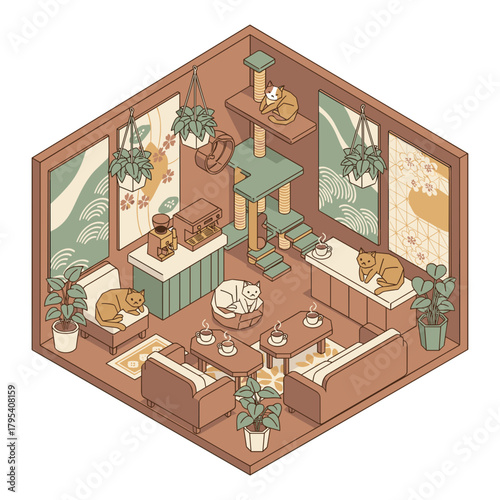 Charming Isometric View of a Cozy Cat Cafe Interior: Sleeping Felines, Lush Houseplants, and Relaxing Ambiance. Generated image