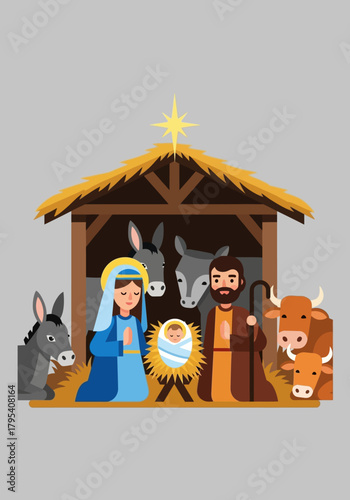 Nativity Scene Illustration with Mary Joseph Baby Jesus and Animals.