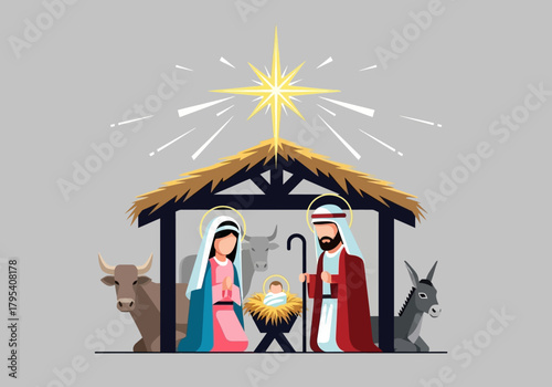Nativity Scene Illustration with Holy Family Animals and Star of Bethlehem.