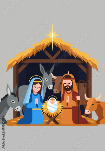 Nativity Scene Illustration with Mary Joseph Baby Jesus Animals and Star of Bethlehem.
