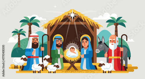 Nativity Scene Illustration with Holy Family Shepherds and Animals.