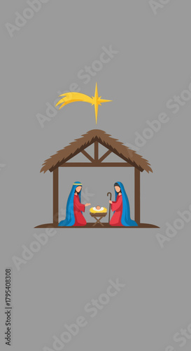 Nativity Scene with Mary Joseph and Baby Jesus under Star.