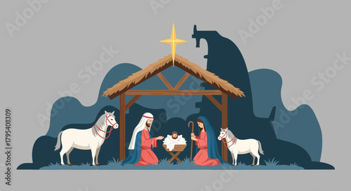 Nativity Scene Illustration with Mary Joseph Baby Jesus and Animals.