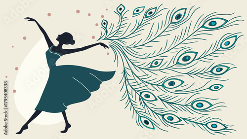 3D Lady Dancing with Peacock Feathers in Freedom Pose Vector
