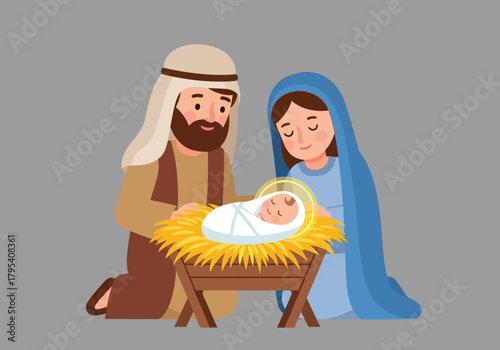 Nativity Scene Illustration with Mary Joseph and Baby Jesus in a Manger.