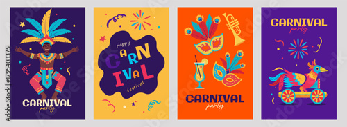 Colorful Brazilian carnival vector illustration. Dancing man with feathers and festive masks on abstract background. Modern vibrant design for posters, flyers, invitations, and party decorations.
