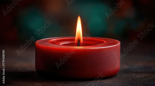 Red candle with glowing flame creates warm and cozy ambiance, perfect for Christmas and New Year celebrations