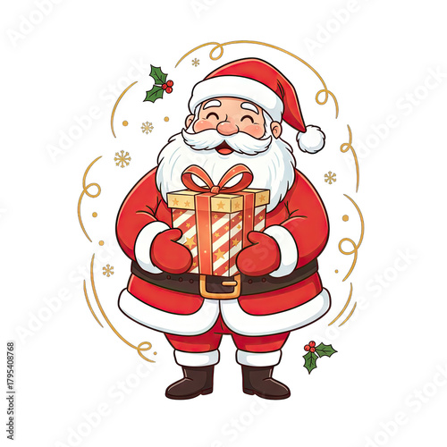 Joyful Santa Claus Holding a Festive Gift Box Wrapped in Red and White Stripes with a Gold Ribbon and Bow Amidst Swirling Golden Accents and Holly Sprigs on a Transparent Background