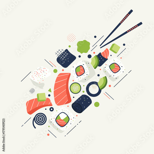 Vibrant Flat Illustration of Assorted Sushi Rolls and Nigiri Floating with Chopsticks: Minimalist Japanese Food Design for Modern Cuisine Promotion