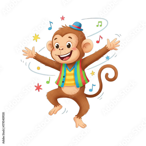 Joyful cartoon monkey wearing a colorful vest and hat dances with musical notes and stars against a transparent background soft lighting