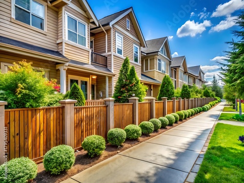 Row of townhouses with wooden fence