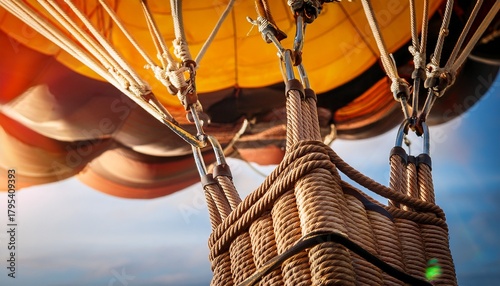close up of ropes and knots on a hot air balloon