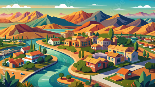 Very beautiful aerial fly-over view of desert suburban homes and the mountain ridge near Lake Las Vegas, featuring warm desert tones, neatly arranged neighborhoods, winding streets, and rugged mountai