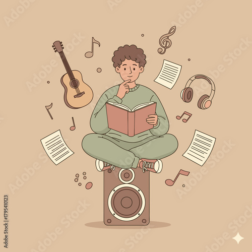 Young Person Meditating on Music Speaker While Reading Book Surrounded by Notes and Guitar. Generated image