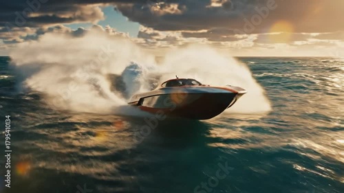 A powerful speedboat races across the ocean at high speed, kicking up a large spray of water during a dramatic sunset.