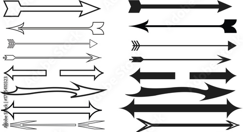 Collection of Black and White Vector Arrows, Dividers, and Directional Shapes in Various Outline and Solid Styles