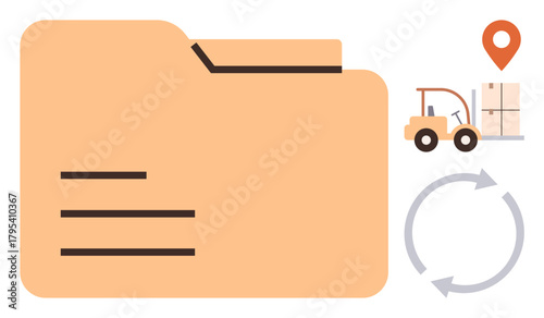 Large file folder, forklift carrying boxes, location pin, and circular arrows. Ideal for delivery, supply chain, document storage, tracking, distribution logistics management organized systems