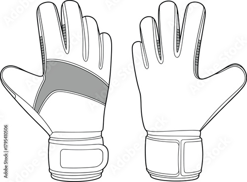 Detailed vector illustration of goalkeeper gloves showing front and back views with stitching, padding, wrist strap design, protective sports equipment and technical layout