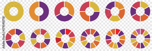 Pie charts diagrams. Different color circles isolated. Infographic element round shape. Vector