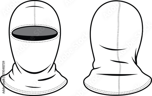 Technical vector illustration of balaclava mask showing detailed front and back views with stitching, seams, contours, and garment construction for outdoor apparel design