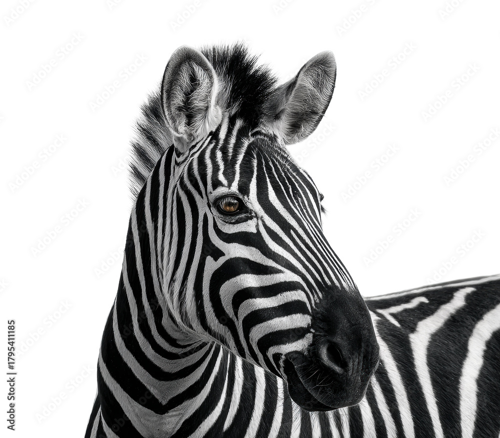 Fototapeta premium Zebra portrait animal detail isolated on transparent background