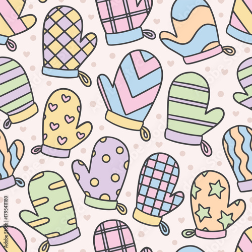 Cute Mittens Doodle seamless pattern. Vector illustration flat design background. 