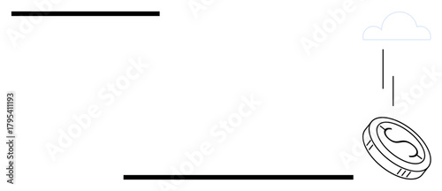 Single coin dropping from a cloud representing abstract ideas of wealth, savings, economy, and digital monetization. Ideal for finance, technology, investment, economy wealth growth savings. A