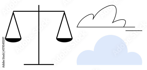 Justice scales alongside cloud graphics blend concepts of fairness and tranquility. Ideal for law, equality, atmosphere, abstract representation, balance, legal system, mindfulness. Simple flat