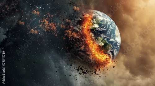 Planet Earth in flames and fragments symbolises the global climate crisis, providing a dramatic backdrop for materials on saving the environment.