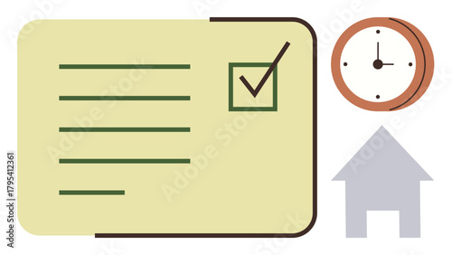 Checklist with tickmark, clock indicating time management, and home icon symbolizing organization and productivity. Ideal for planning, time tracking, efficiency, productivity, remote work