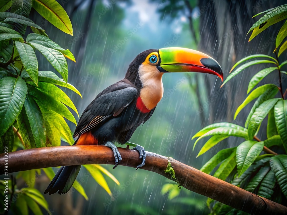 Naklejka premium A colorful toucan perched on a branch