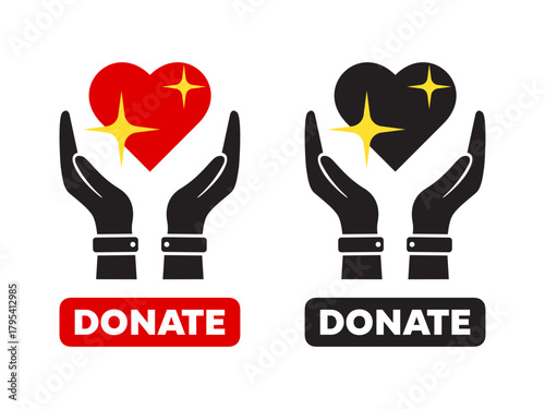 Donate Button and Charity Icon with Hands Holding Sparkling Heart