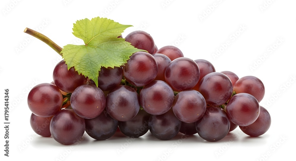 Fototapeta premium Red grapes with a single green leaf on a white background, studio shot