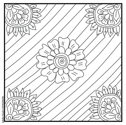 Set of black and white labels with flower patterns, hand draw in mehndi style. Sketch of ornaments for creativity of children and adults.