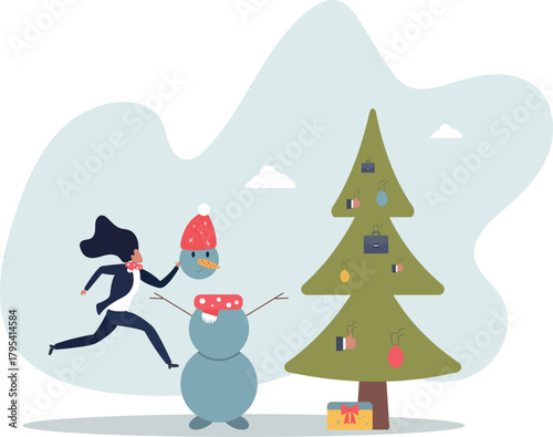 A businesswoman celebrates the Christmas holidays by making a snowman.