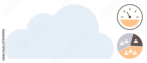 Cloud with speedometer and pie chart featuring people icons, representing performance, teamwork, data analytics, and cloud computing. Ideal for technology, collaboration, productivity, data sharing